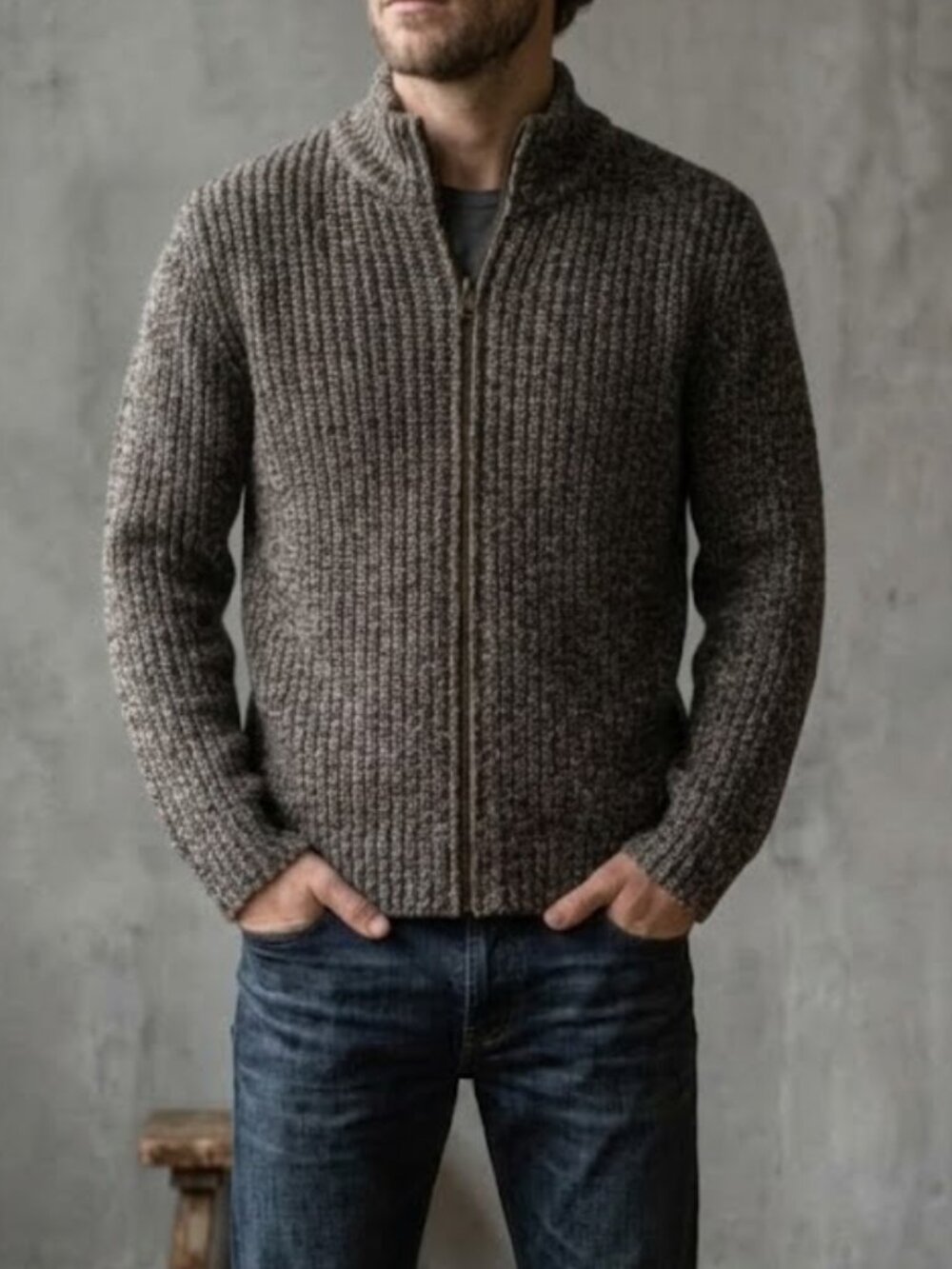 L.L. Bean Wool Lambswool Full Zip Knit Sweater Jacket Marbled Brown Men's L